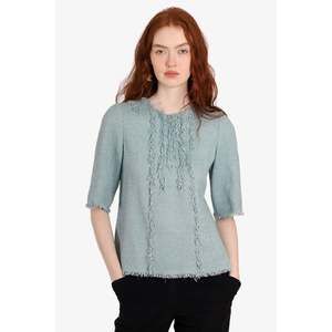 Pre-loved Chanel™ Blue Boucle and Tweed Fringe Mid-Length Blouse Size 36